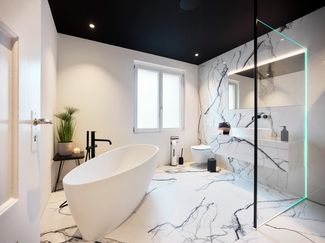 Salle de bains moderne avec baignoire, lavabo, miroir et canapé mural